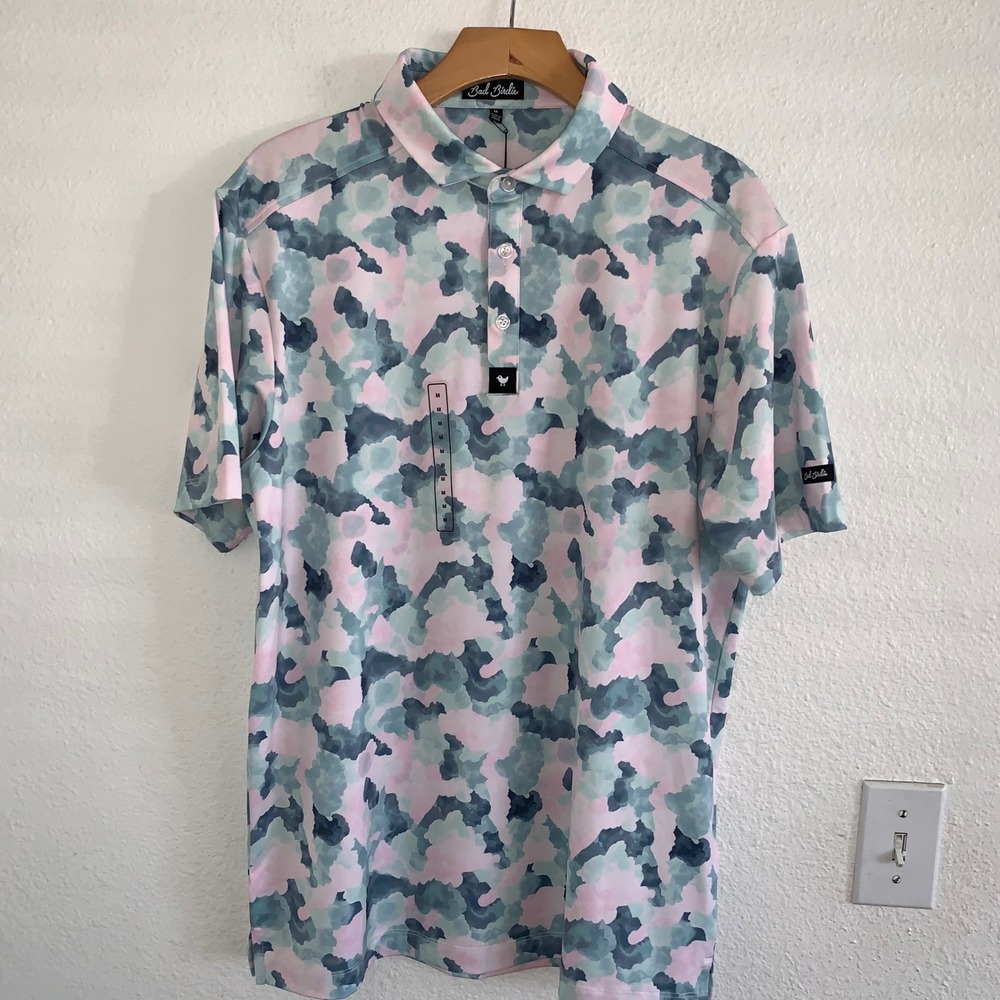 Bad Birdie Mens Pink Blue Watercolor Camo Performance Golf Polo Shirt Size M NEW